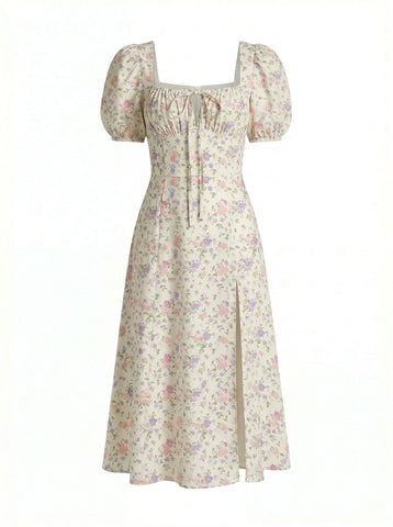 Floral Print Puff Sleeve Tie MidiDress