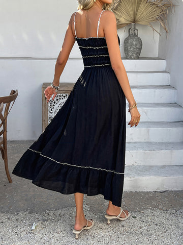 Spaghetti-Strap Tie-Front Ruffle-Hem Midi Dress