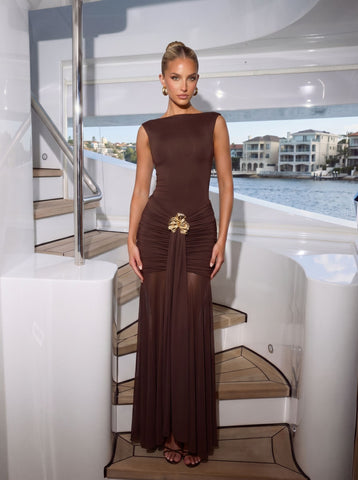 Elegant Ruched Mesh Maxi Dress