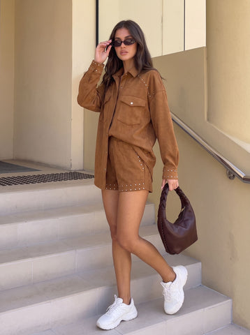 Studded Faux Suede Button Down Shirt
