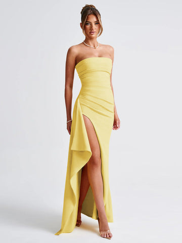 Strapless Ruched High Slit Maxi Dress