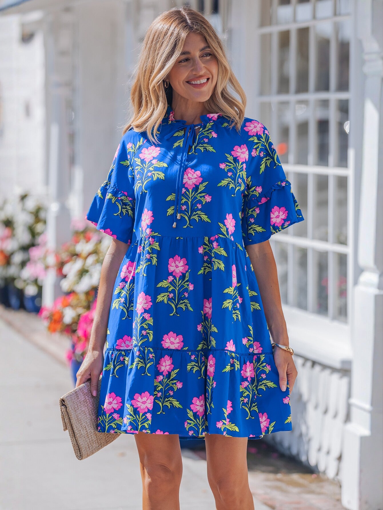 Floral Print Tie Neck Mini Dress