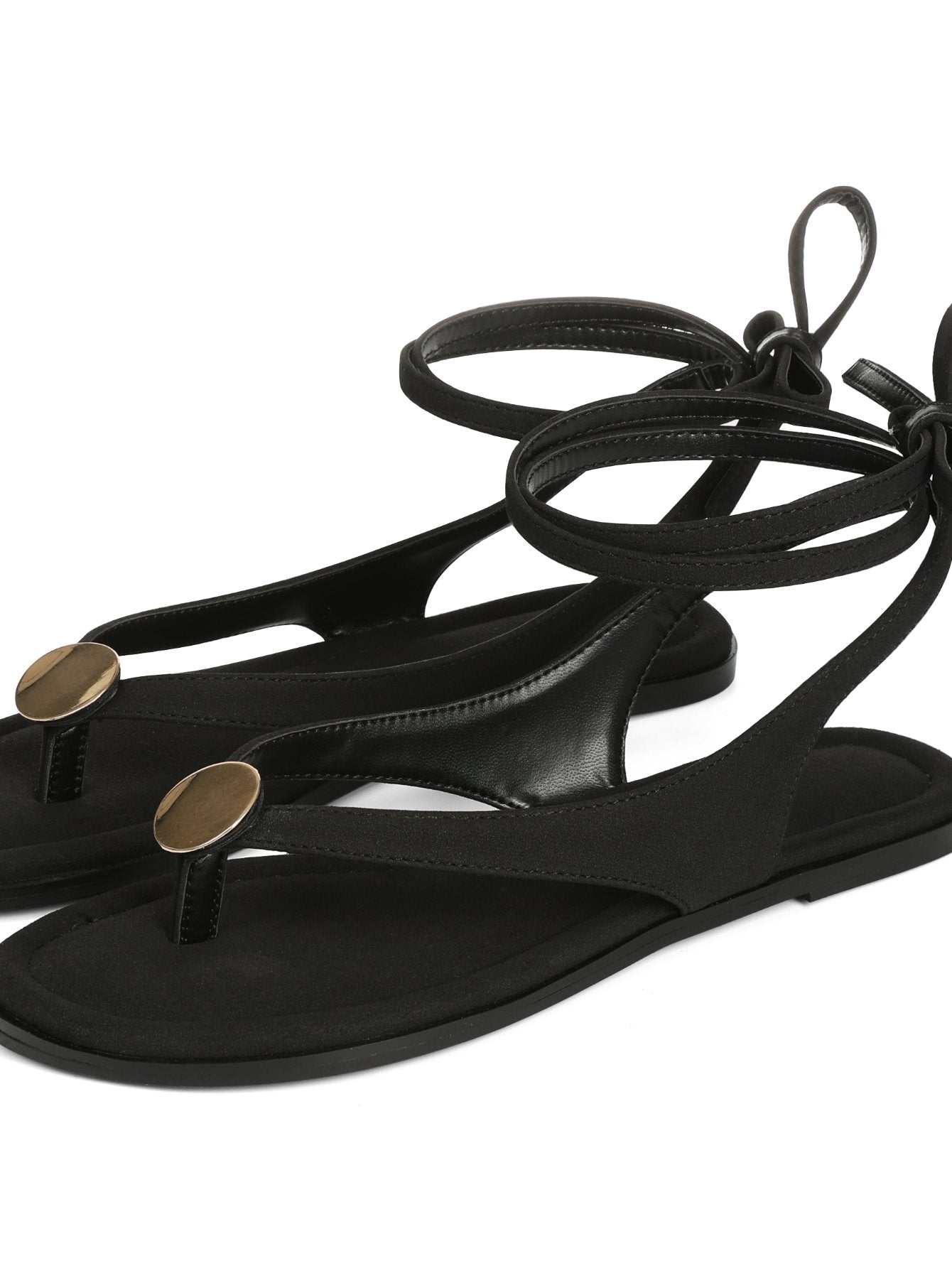 Ankle-Tie Cross-Strap Gold Accent Boho Chic Flat Sandals-Black