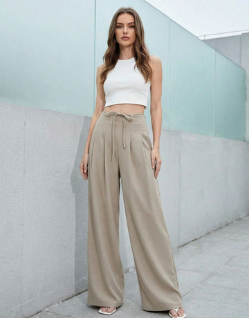 High-Waisted Drawstring Wide-Leg Casual Pants-Khaki