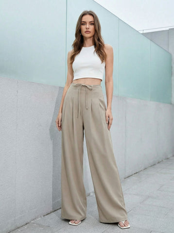 High-Waisted Drawstring Wide-Leg Casual Pants-Khaki