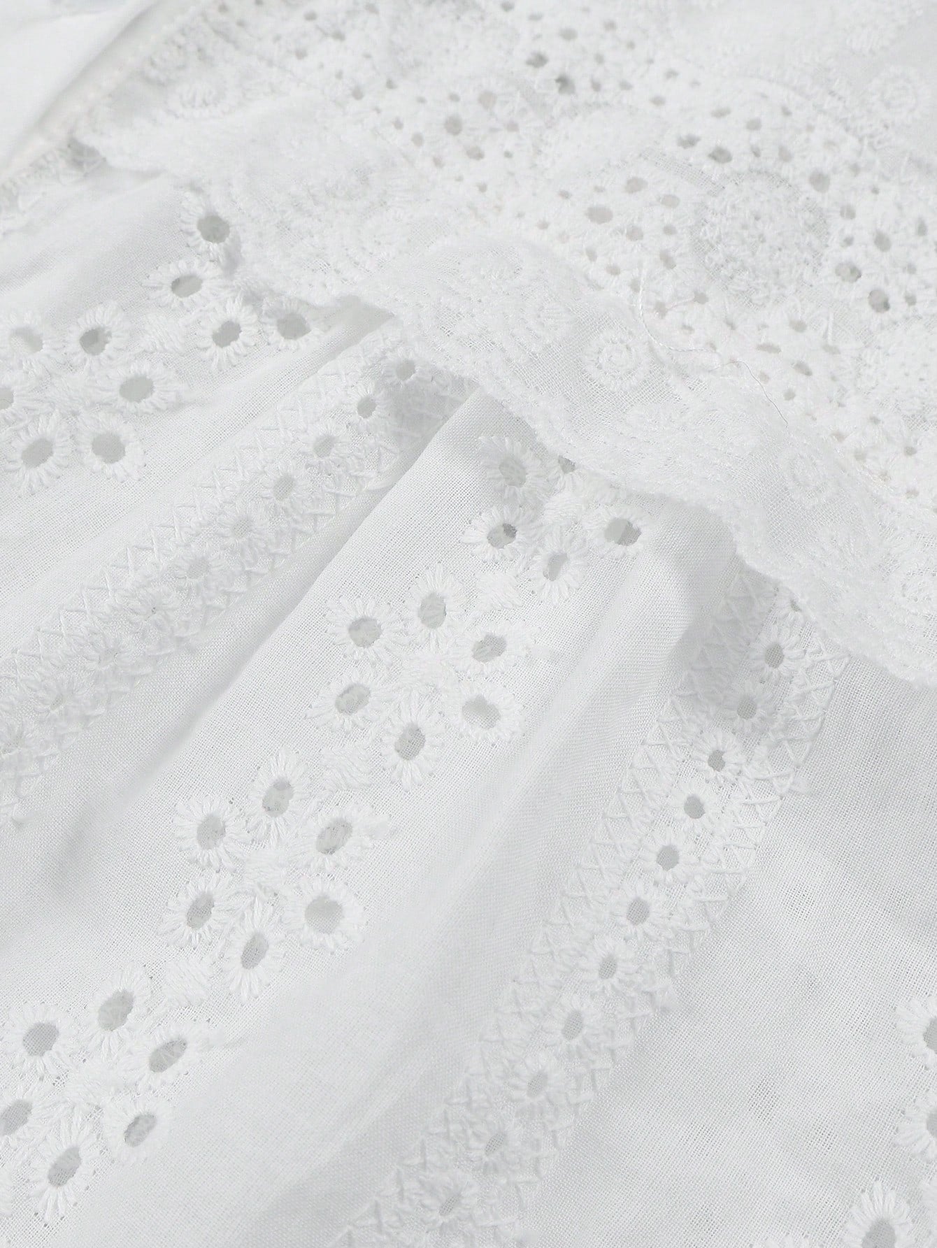Three-quarter Sleeve Eyelet Detail Romantic Blouse-White