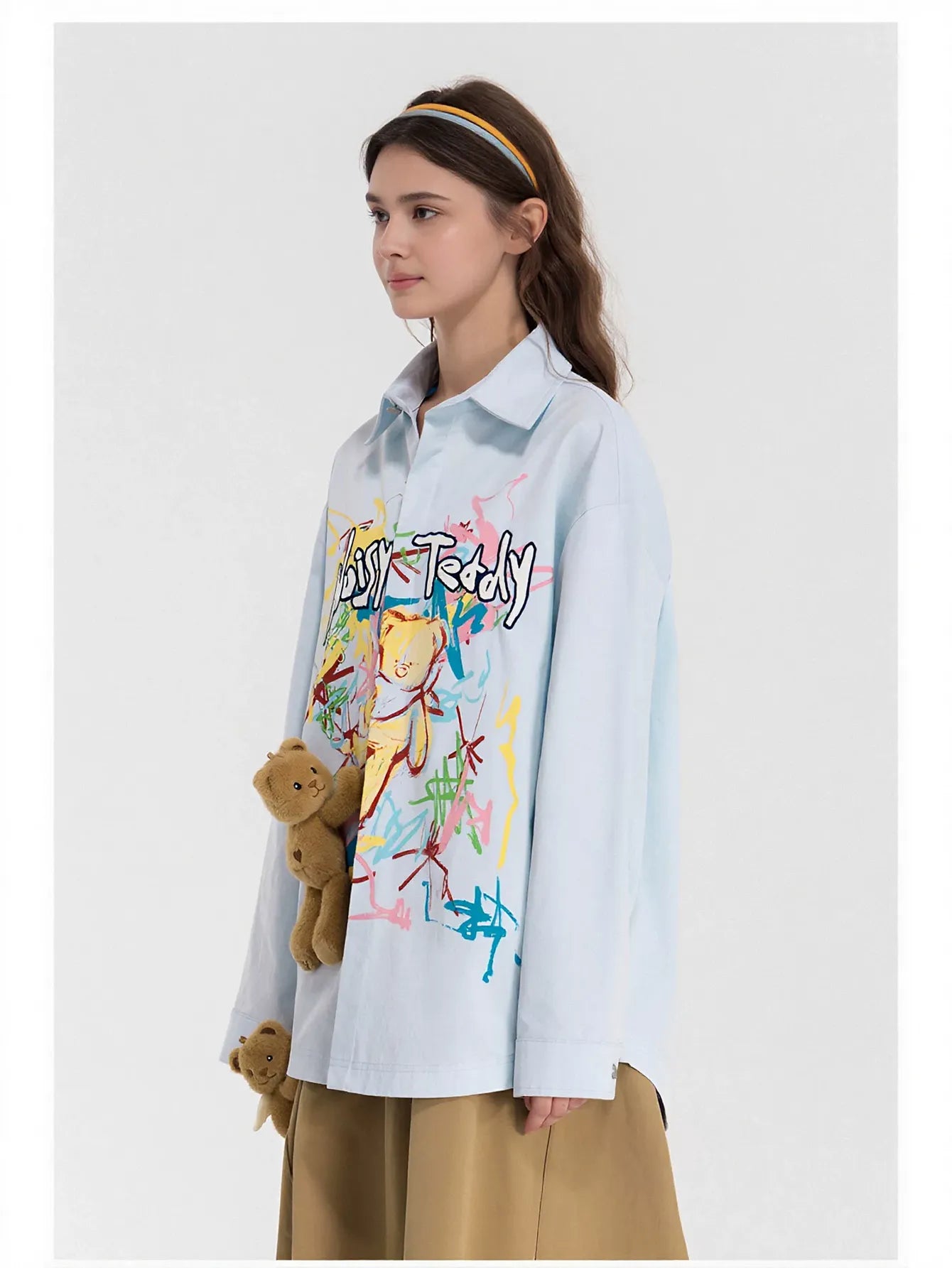 Oversized Graphic Teddy Bear Button Shirt