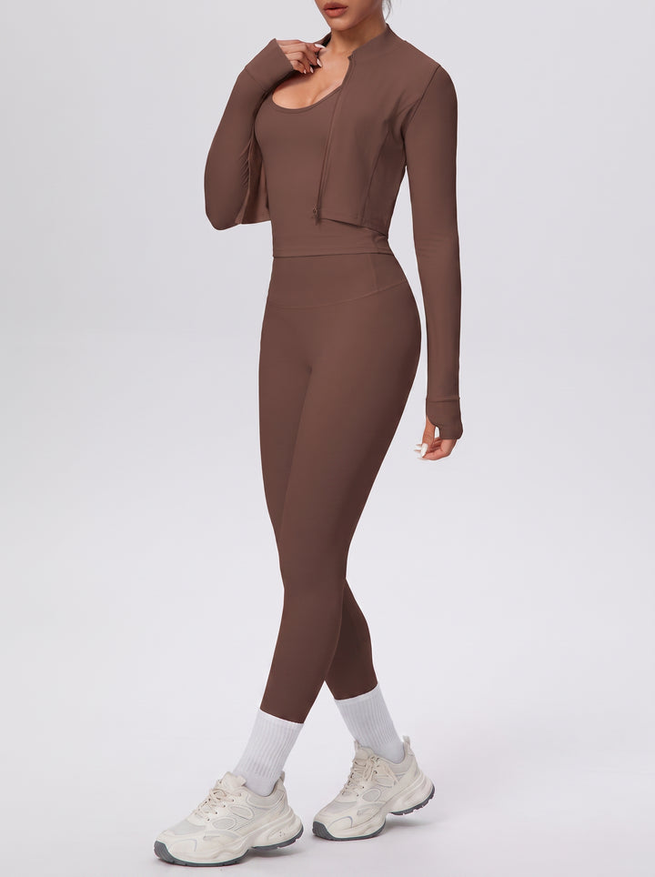 Seamless Ribbed Zip Up Workout 3 Piece Set
