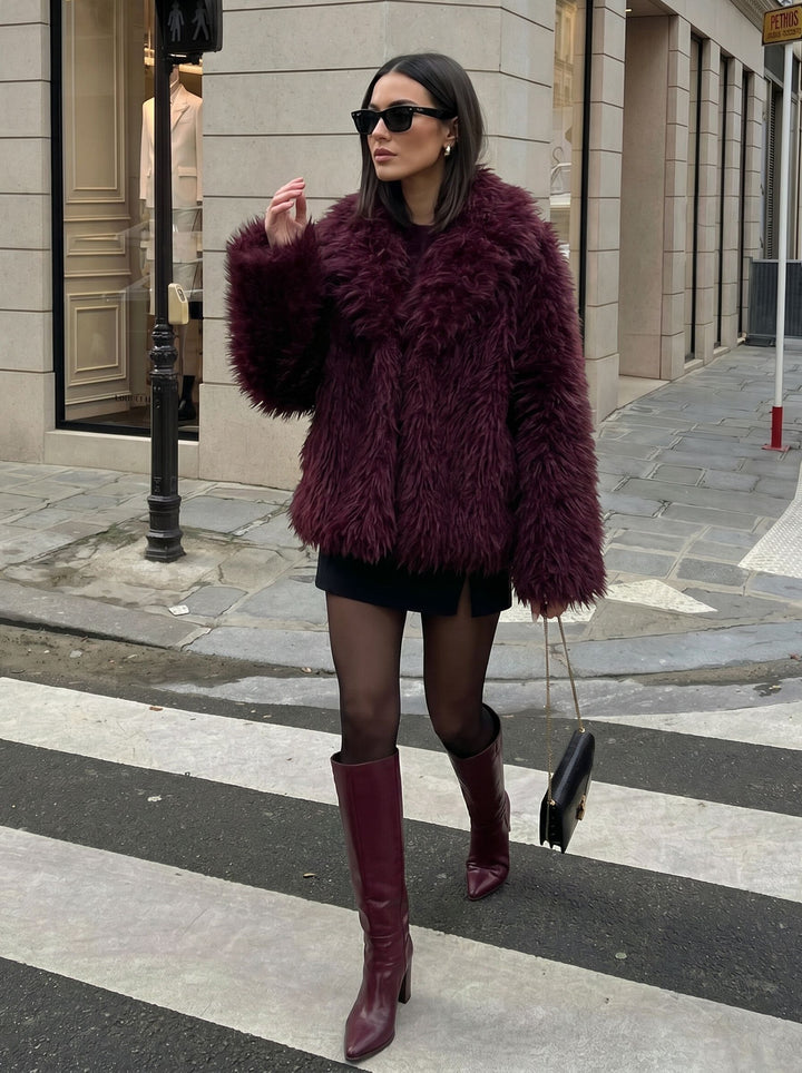 Luxury Plush Burgundy Faux Fur Coat