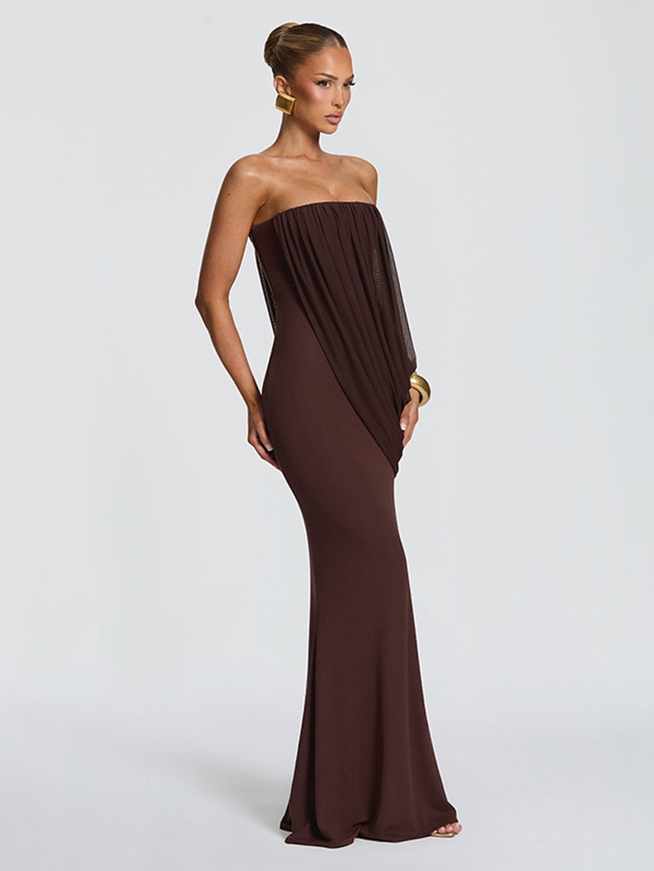 Draped Strapless Brown Maxi Dress