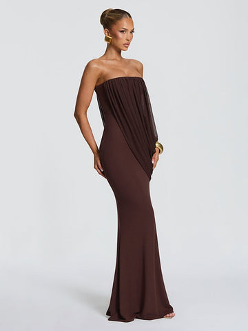 Draped Strapless Brown Maxi Dress