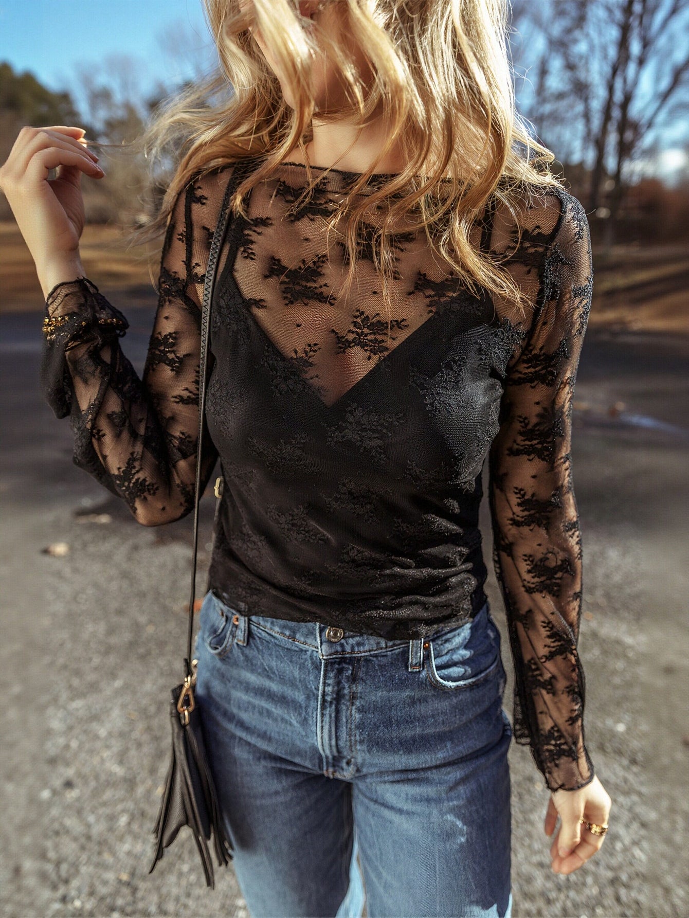 Sheer Floral Lace Long Sleeve Top