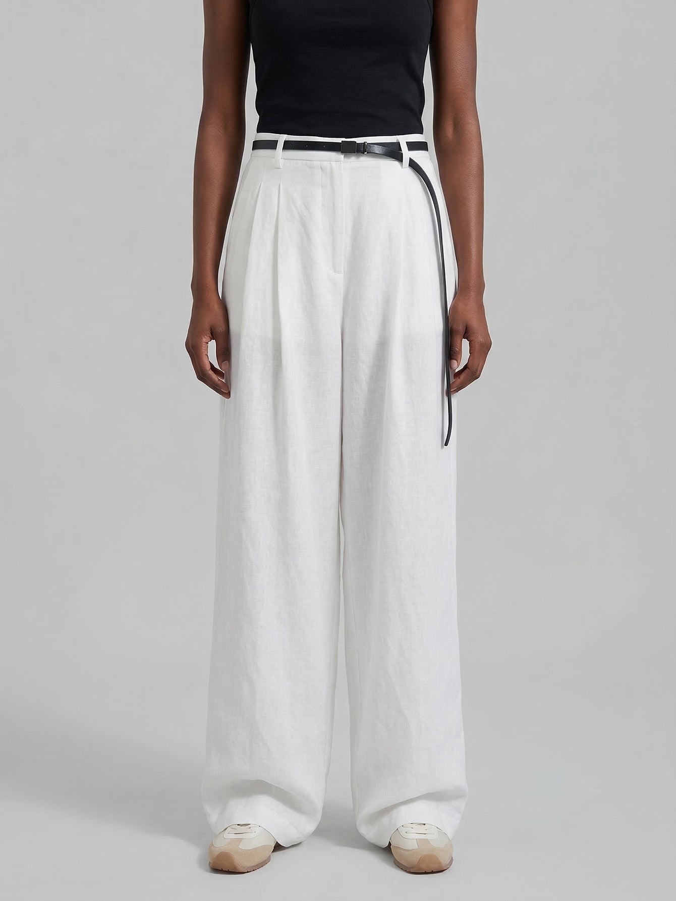 Belted Linen Straight Pants
