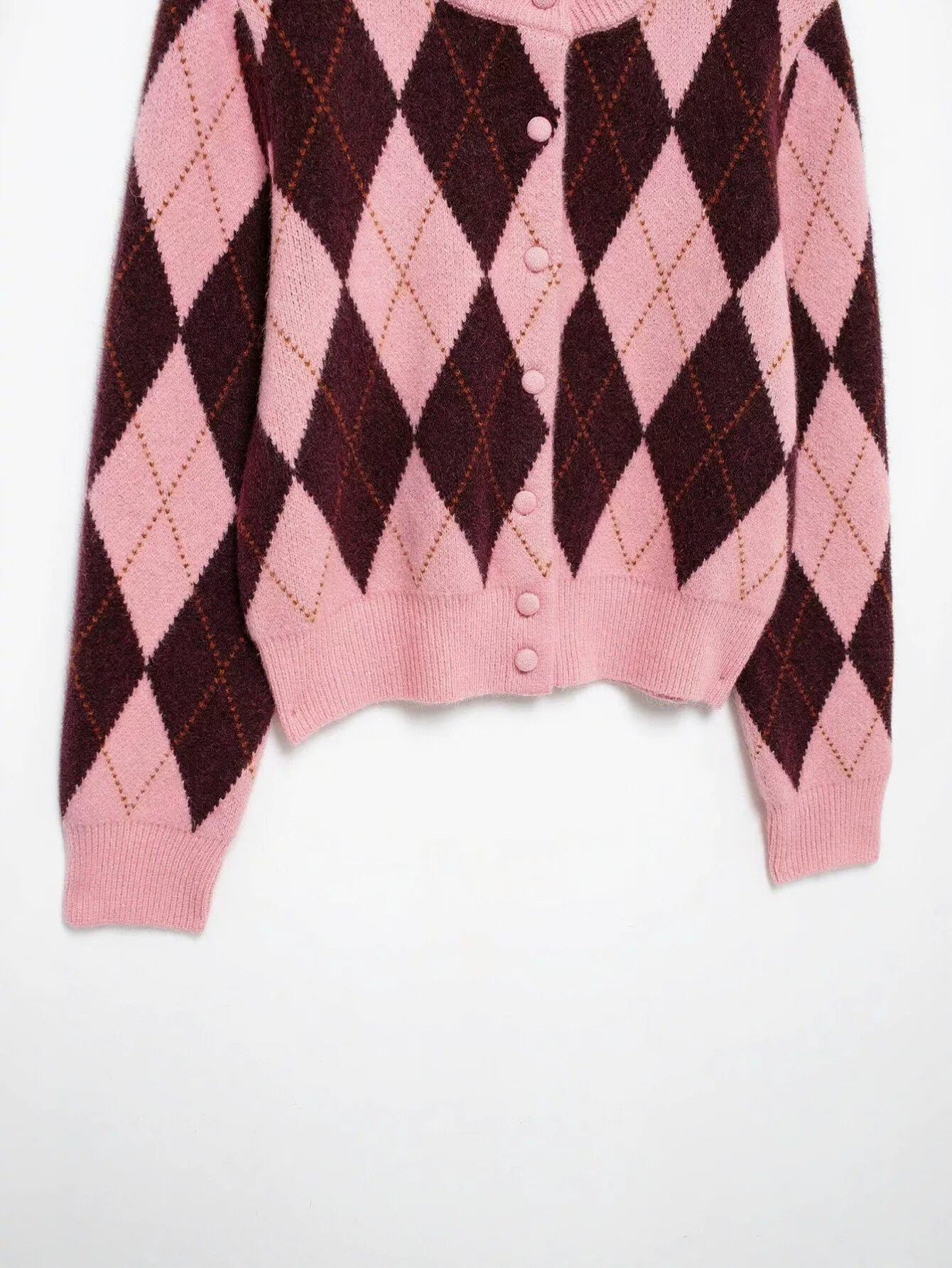Cropped Argyle Pattern Knit Cardigan