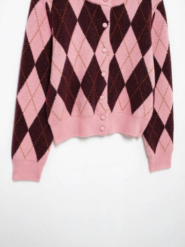 Cropped Argyle Pattern Knit Cardigan