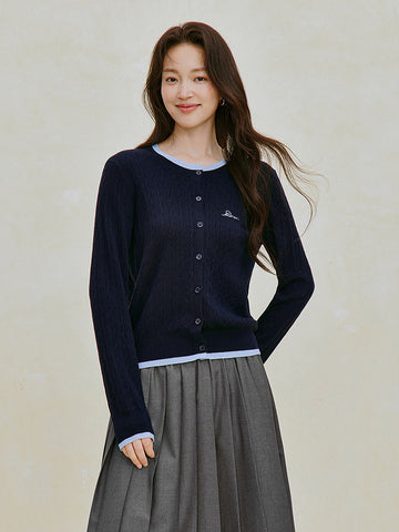 Embroidered Wool Blend Cable Knit Cardigan