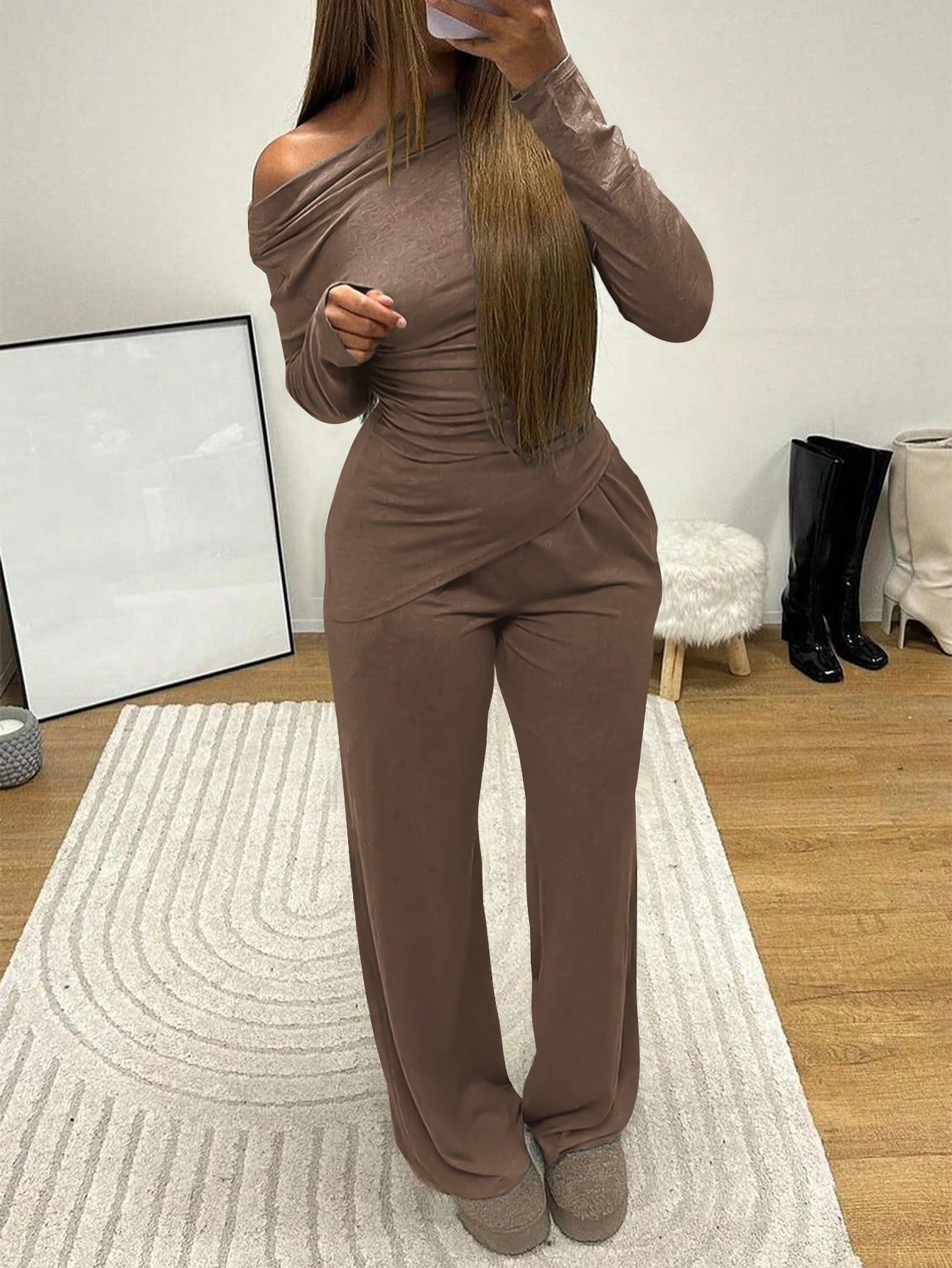 Off-Shoulder Wrap-Waist Top Wide-Leg Pants Elegant Set-Navy Blue