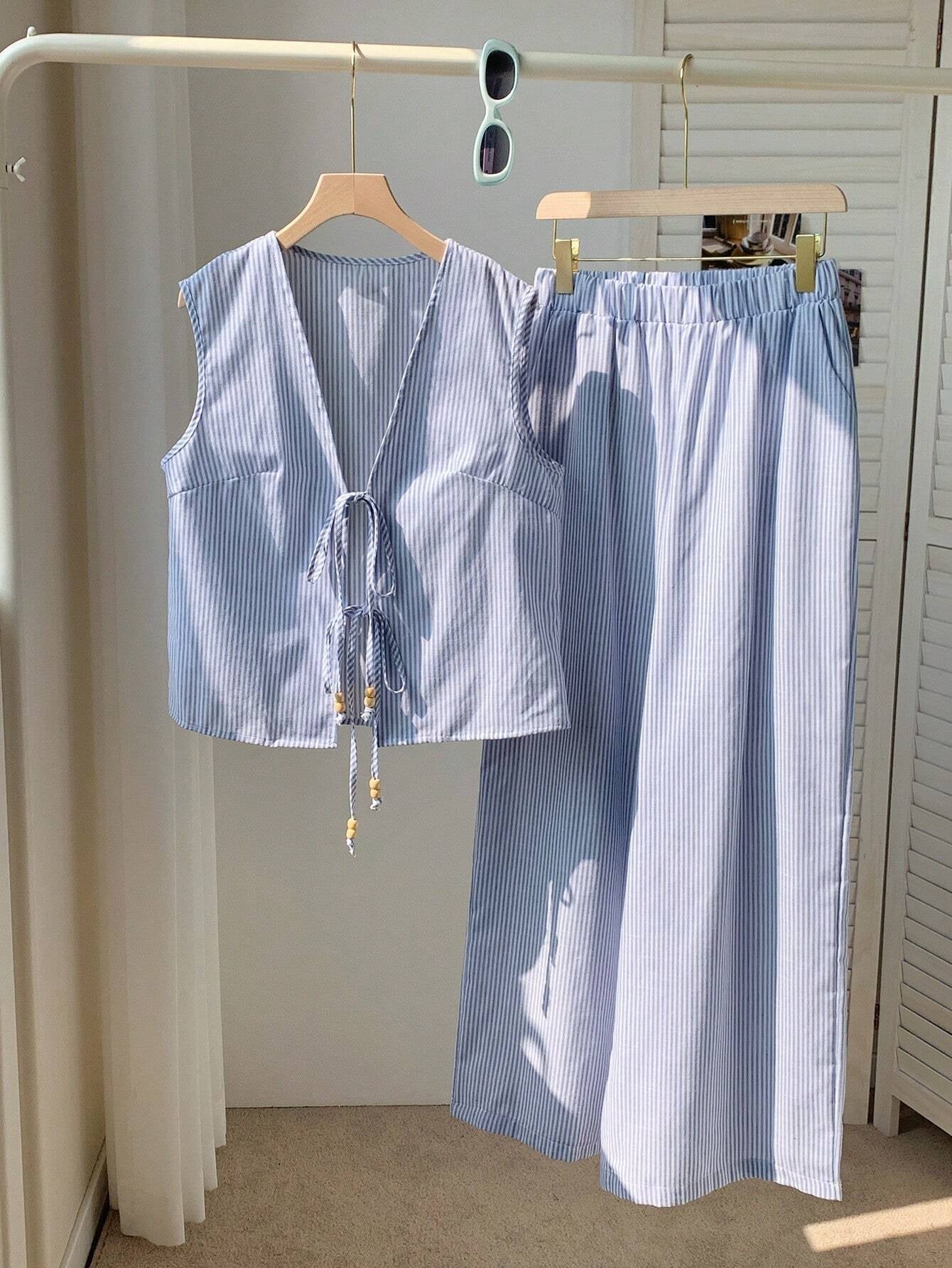 Drawstring Sleeveless Top Elastic-Waist Pants Casual Set-Blue