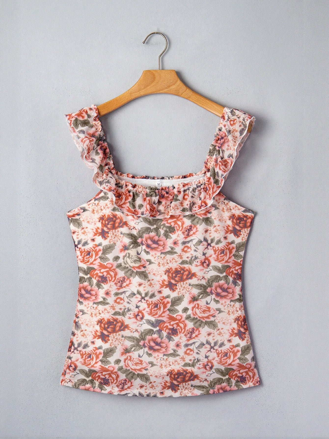 Floral Ruffle Trim Square Neck Tank