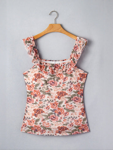 Floral Ruffle Trim Square Neck Tank