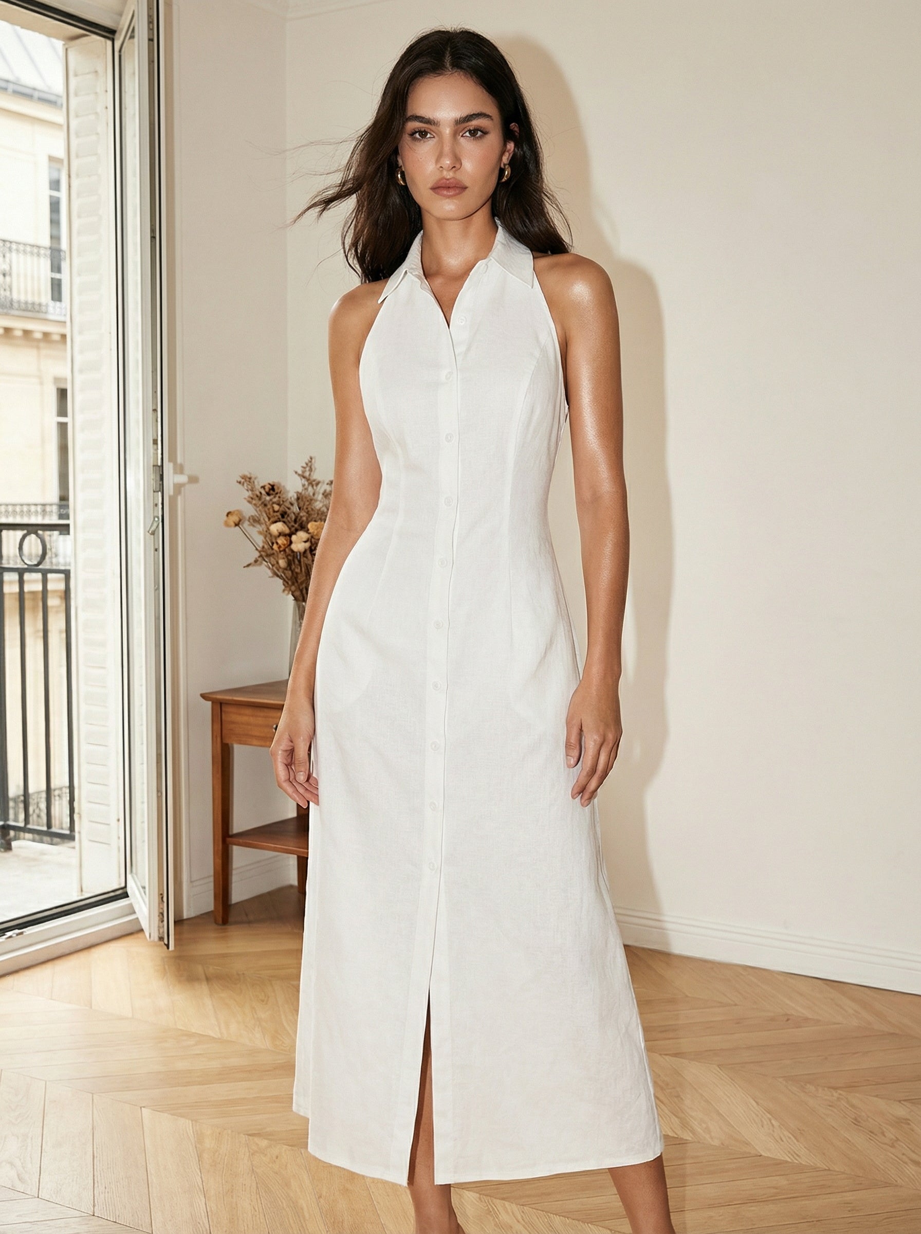 Button-Front Slit Resort Maxi Dress-Multicolor