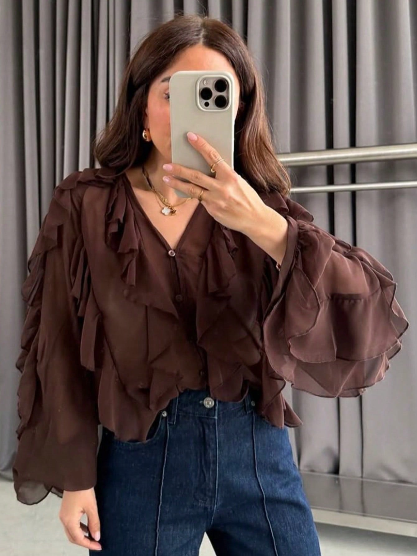 Sheer Ruffle Trim Button Down Blouse