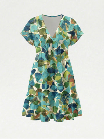 Floral Print V Neck Tiered Babydoll Mini Dress