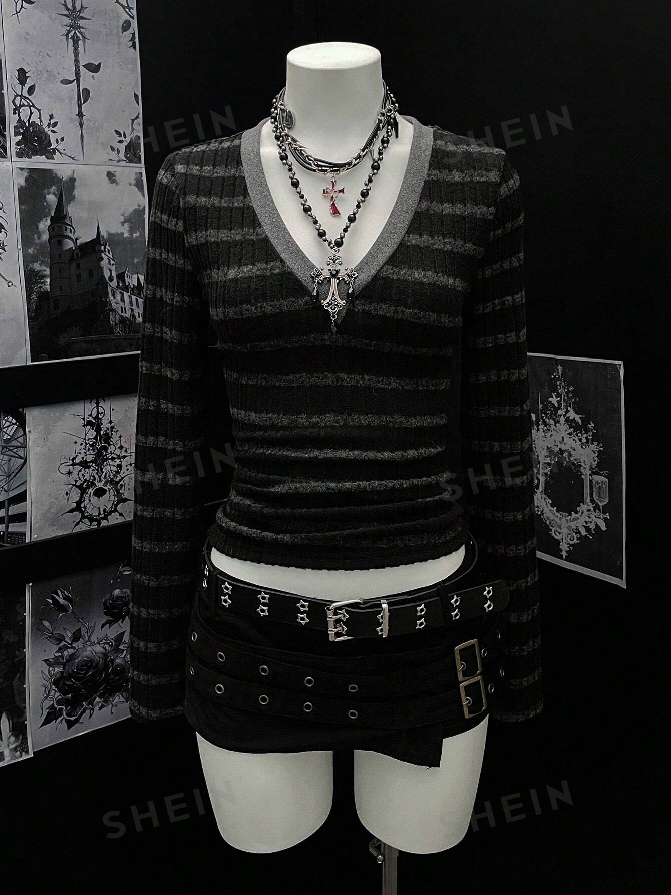 Goth Striped V Neck Long Sleeve Tee