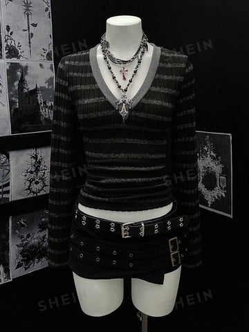 Goth Striped V Neck Long Sleeve Tee