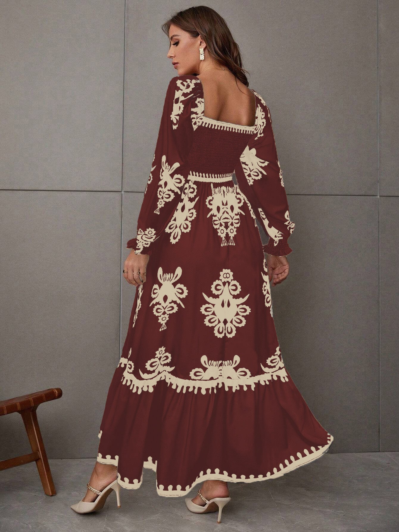 Embroidered Smocked Square Neck Maxi Dress