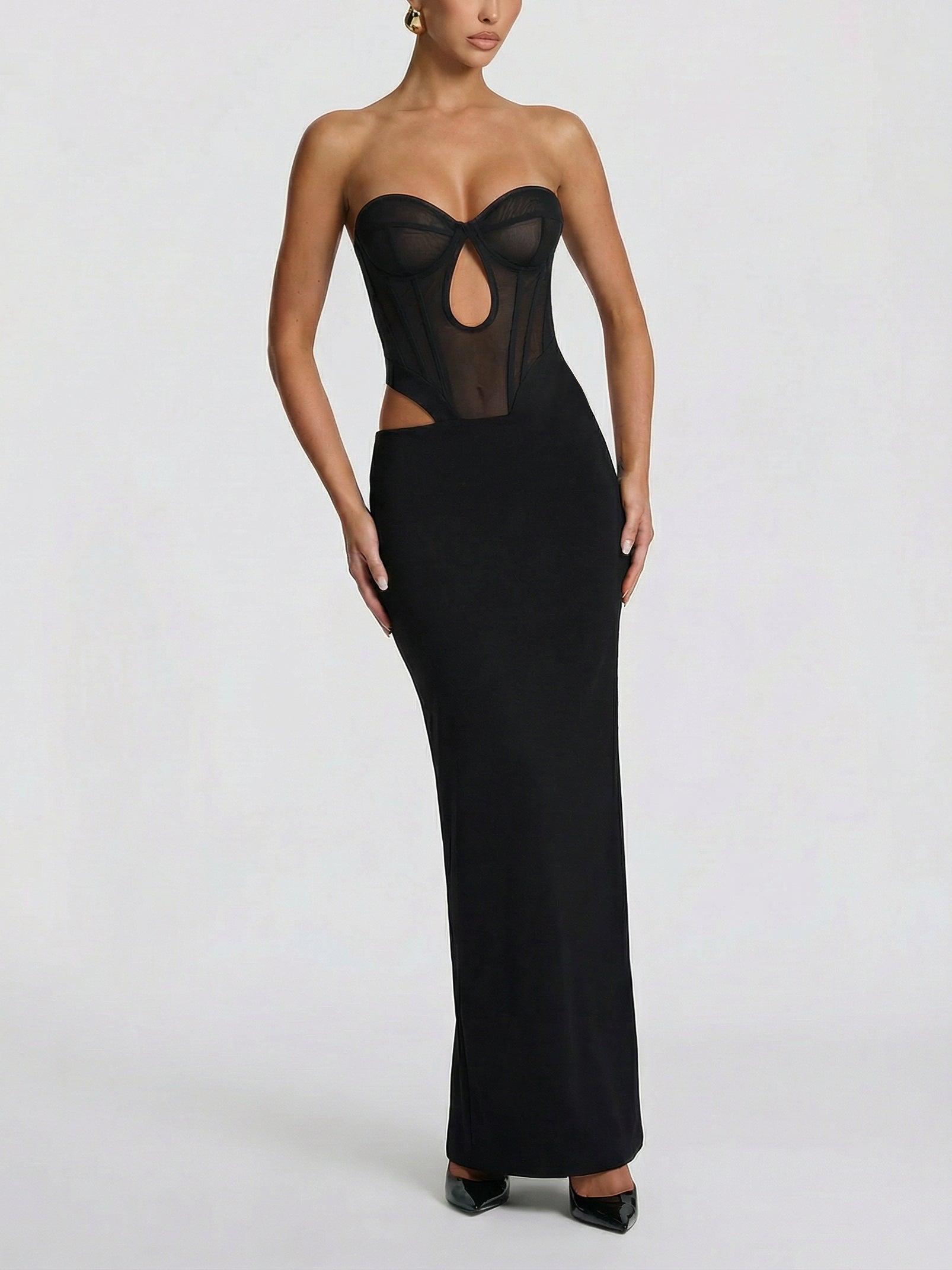 Sheer Panel Cutout Slim-Fit Sexy Maxi Evening Dress-Black