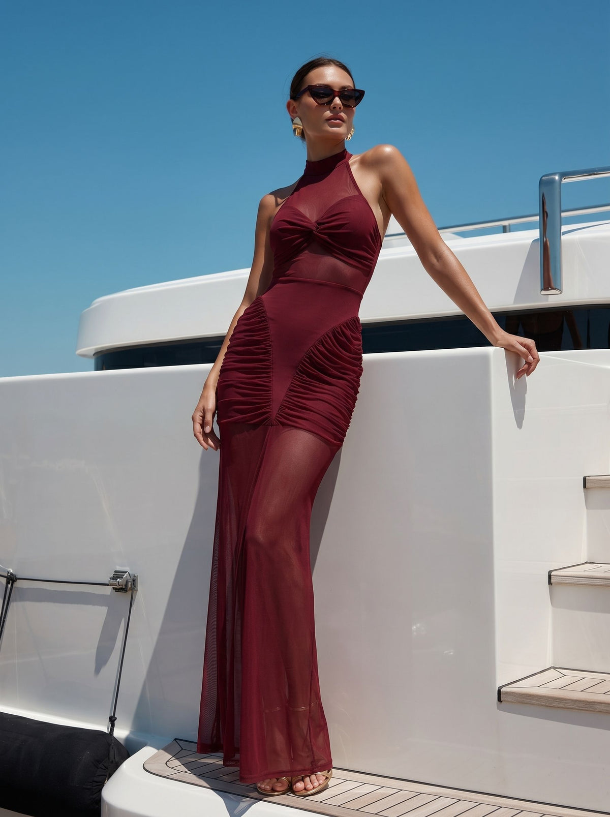 Ruched Mesh Halter Maxi Dress