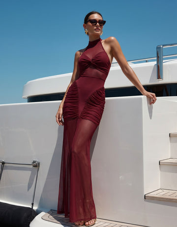 Ruched Mesh Halter Maxi Dress
