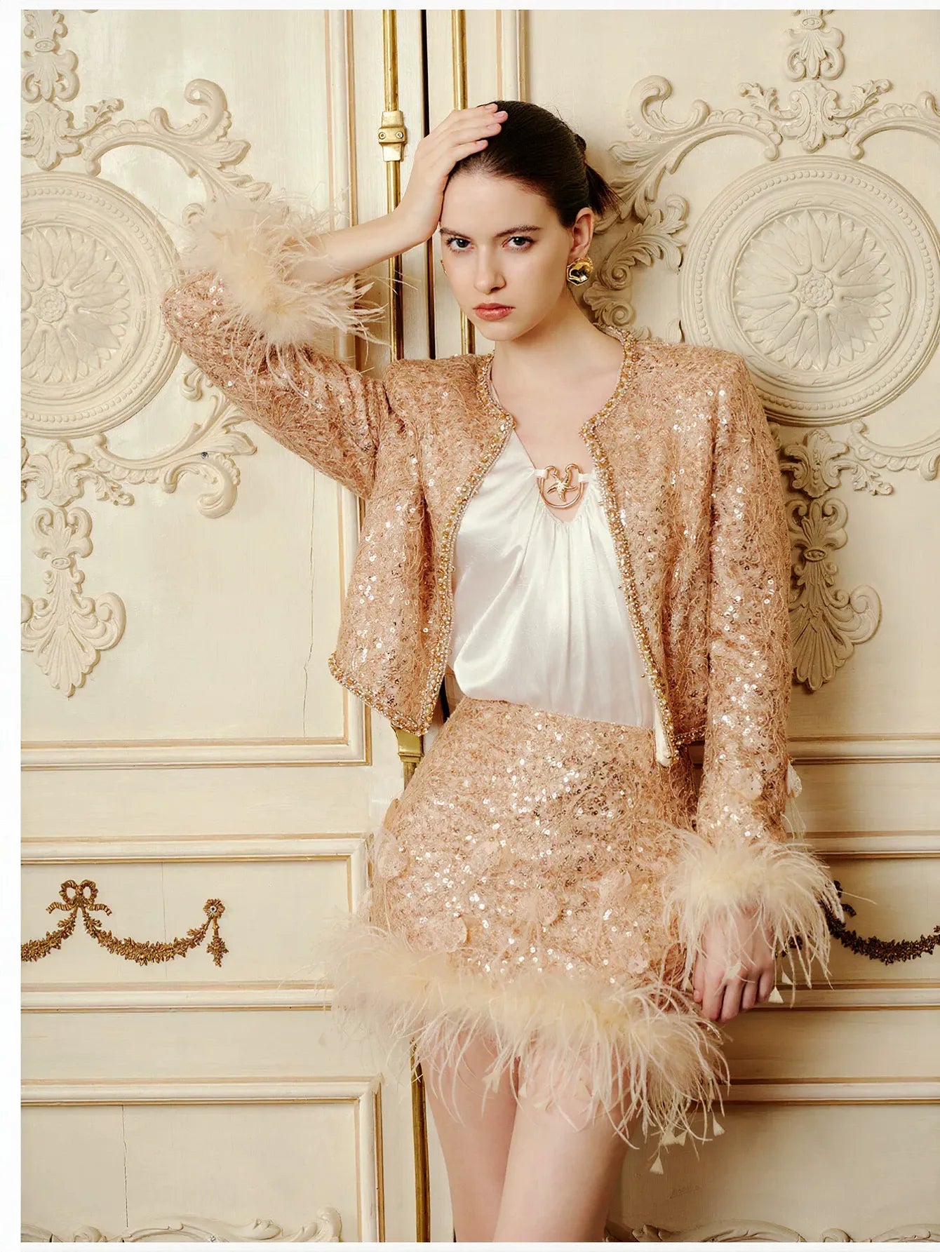 Glamorous Feather Trim Sequin Jacket