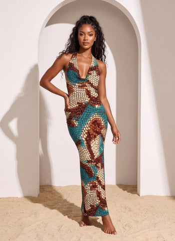 LILA Turquoise Snakeskin Print Cowl Neck Bodycon Maxi Dress