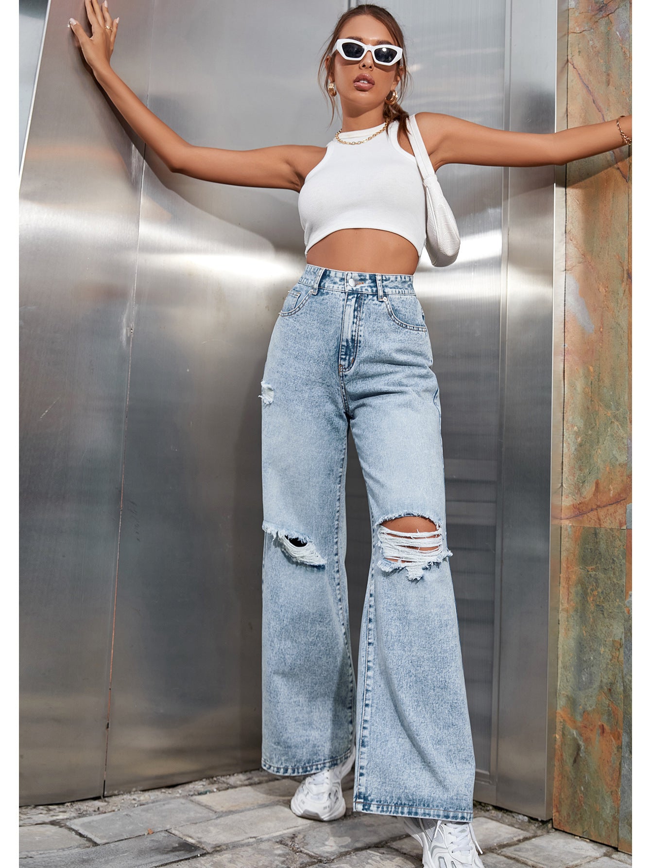 High Waisted Distressed Wide Leg Jeans