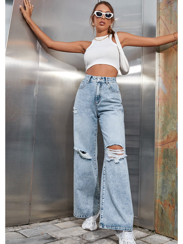 High Waisted Distressed Wide Leg Jeans