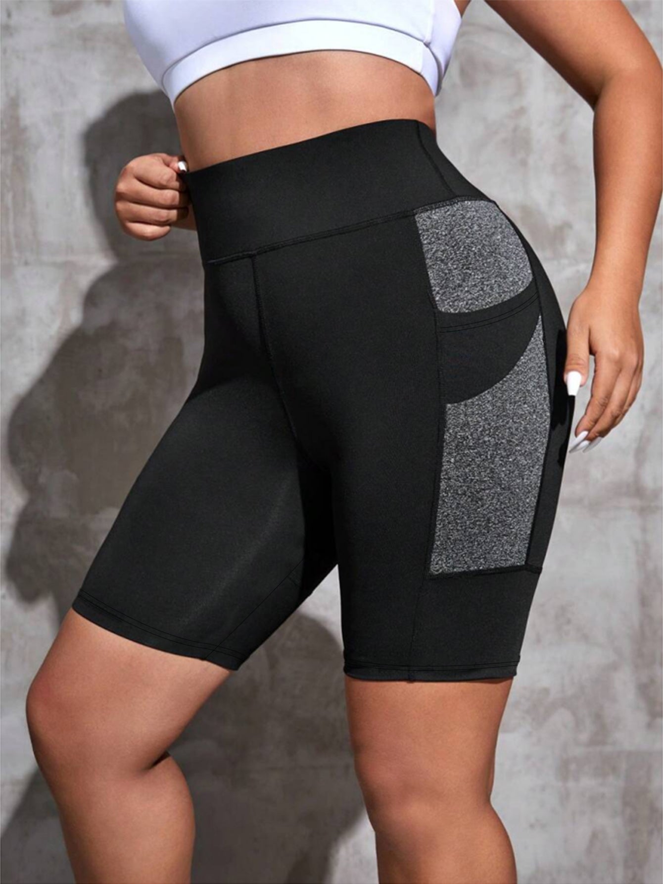Phone-Pocket High-Waisted Stretch Athletic Shorts-Black