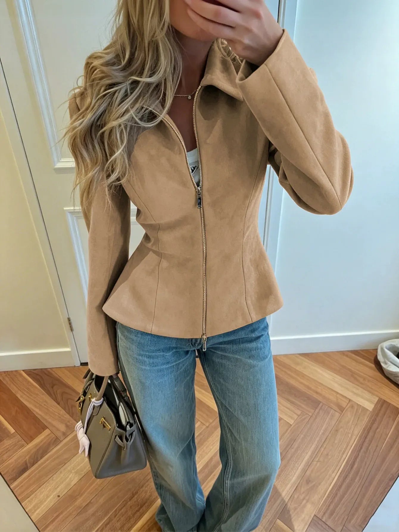 Fitted Suede Peplum Zip Jacket