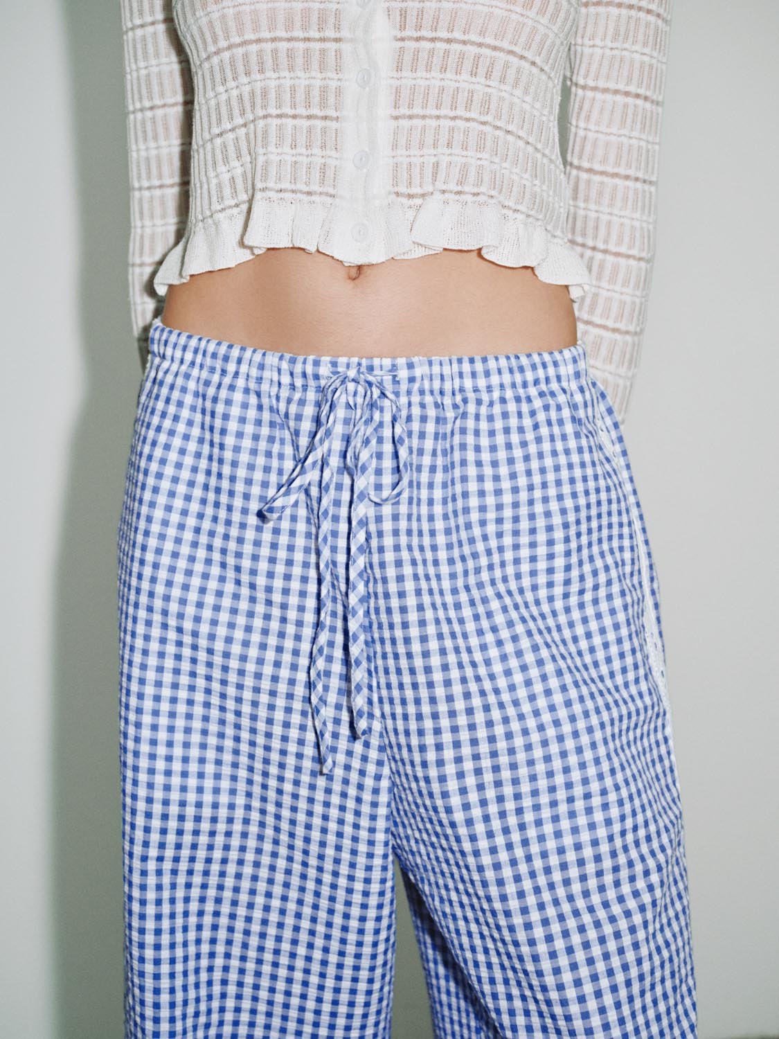 Urban Revivo Wide-Leg Pants-Sky Blue Check