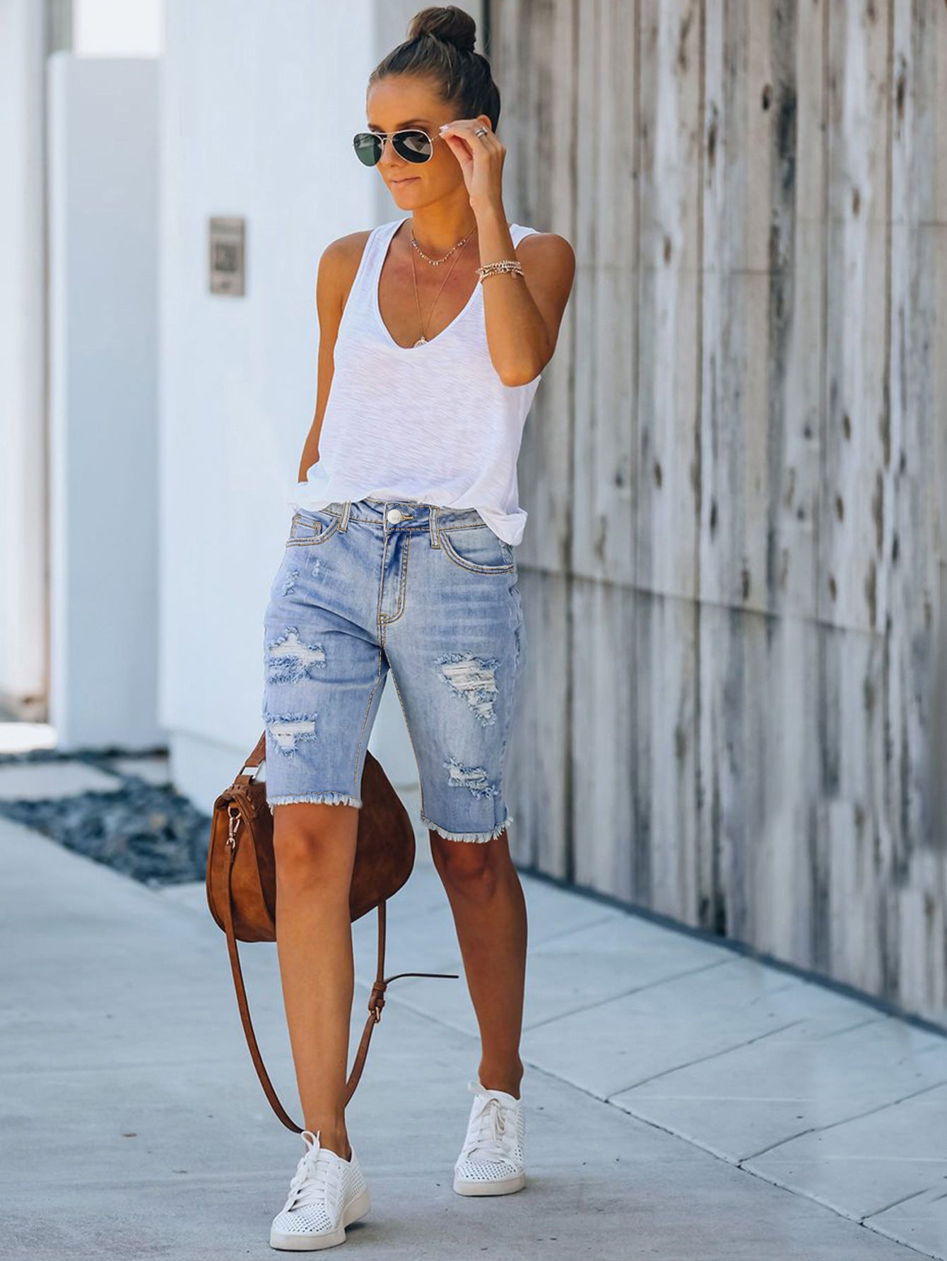 Distressed High Rise Denim Bermuda Shorts