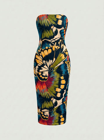 MAIA Floral Print Strapless Sheath Midi Dress