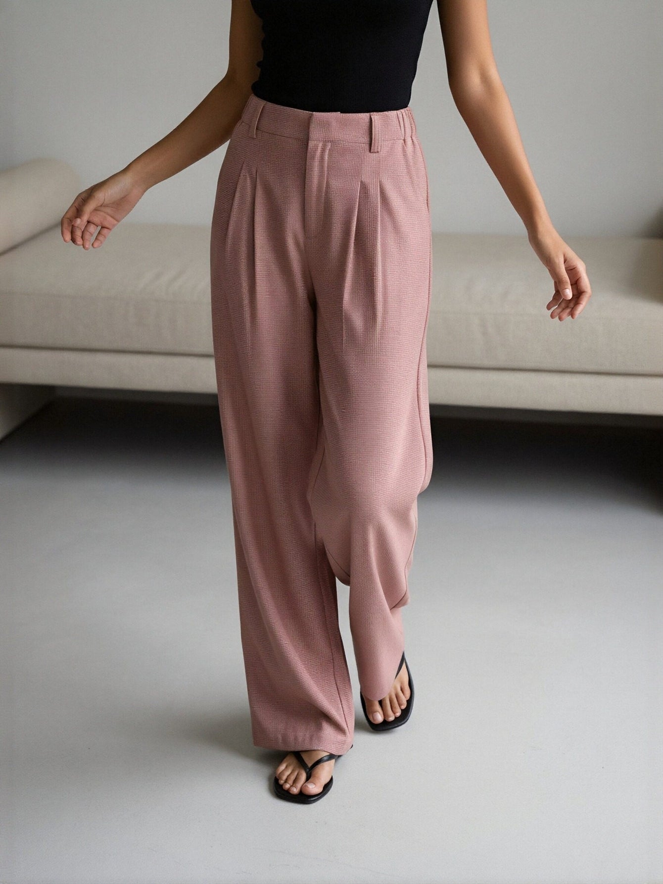 High-Waisted Wide-Leg Casual Pants-Pink