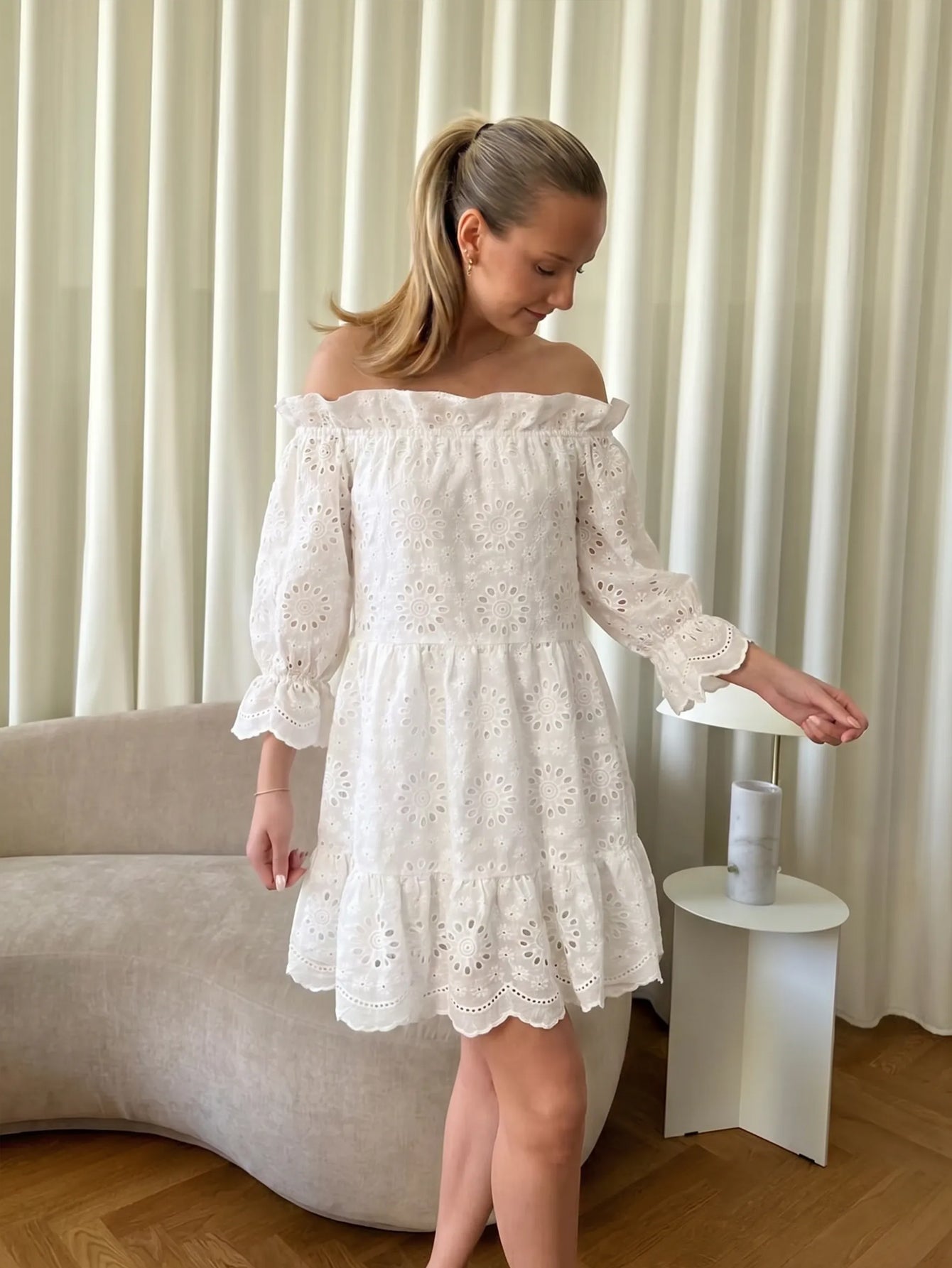 Off Shoulder Eyelet Mini Dress
