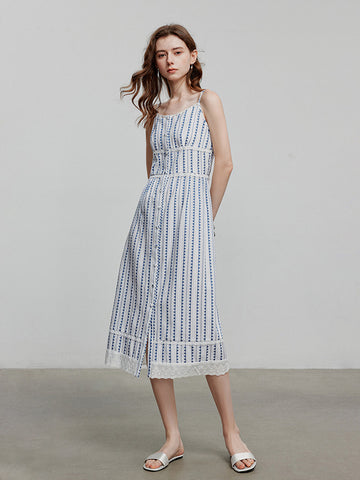 Lace Trim Button Front Sleeveless Midi Dress