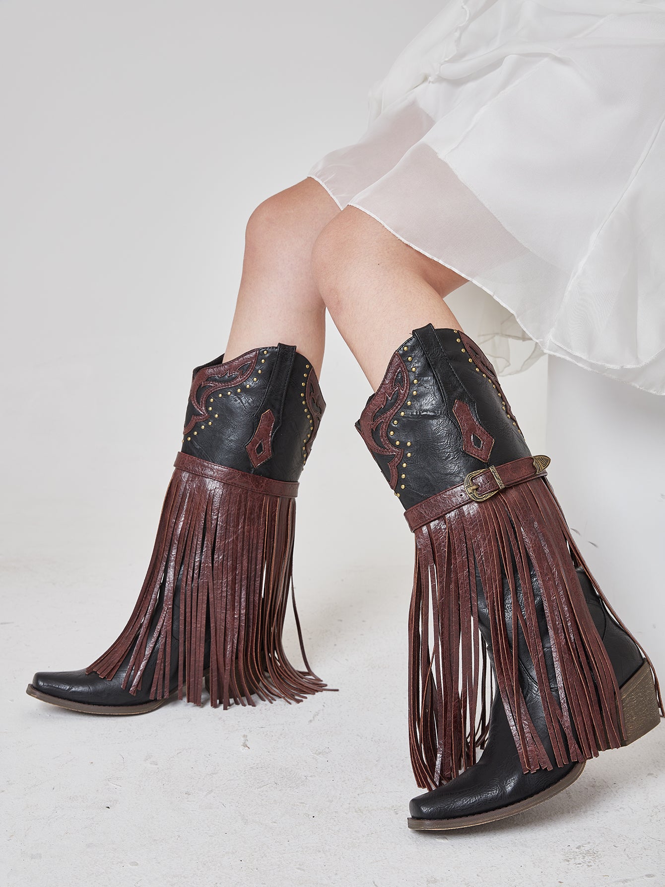 Fringed Denim Pointed Toe Western Cowboy Boots