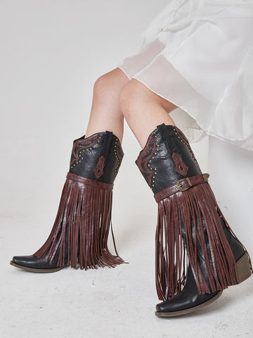 Fringed Denim Pointed Toe Western Cowboy Boots