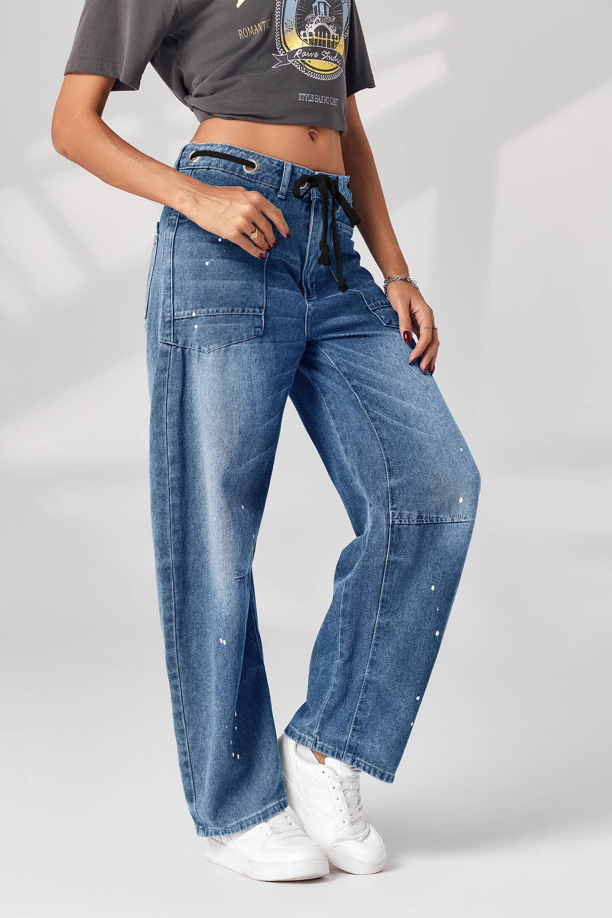 Distressed Drawstring Waist Boyfriend Jeans