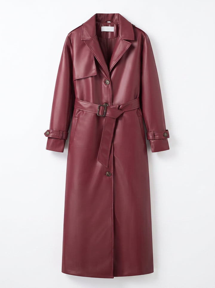 Elegant Belted Faux Leather Trench Coat
