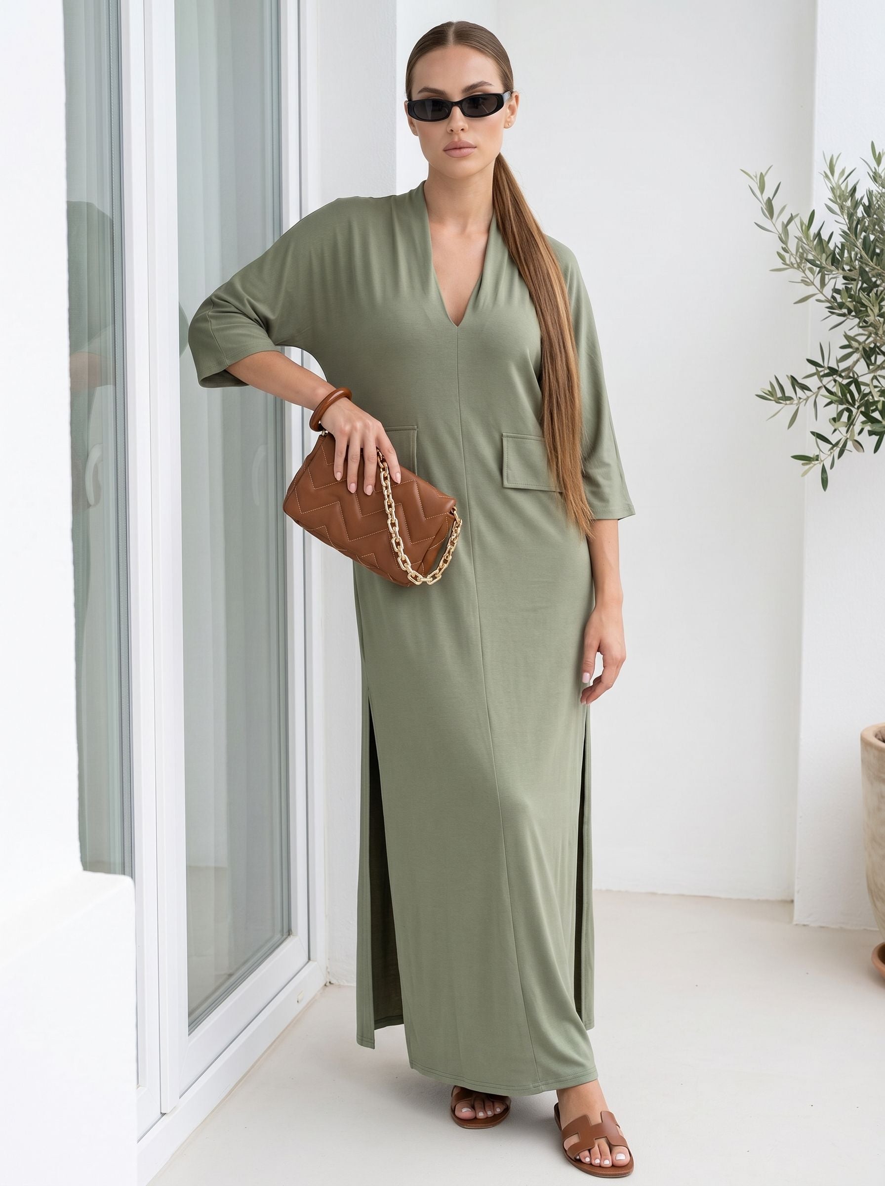 Casual V Neck Side Slit Dress